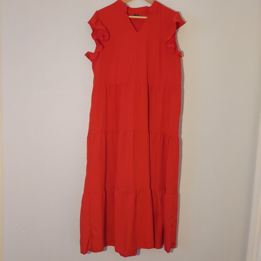 Shein Bright Red Tiered Ruffle Midi Dress V-Neck Ruffle Sleeve Size XL - Picture 2 of 7